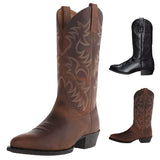 Men Western Cowboy Boot Mid-Calf Low Heel Chelsea Embroidered Riding Boot Winter Shoe Large Size