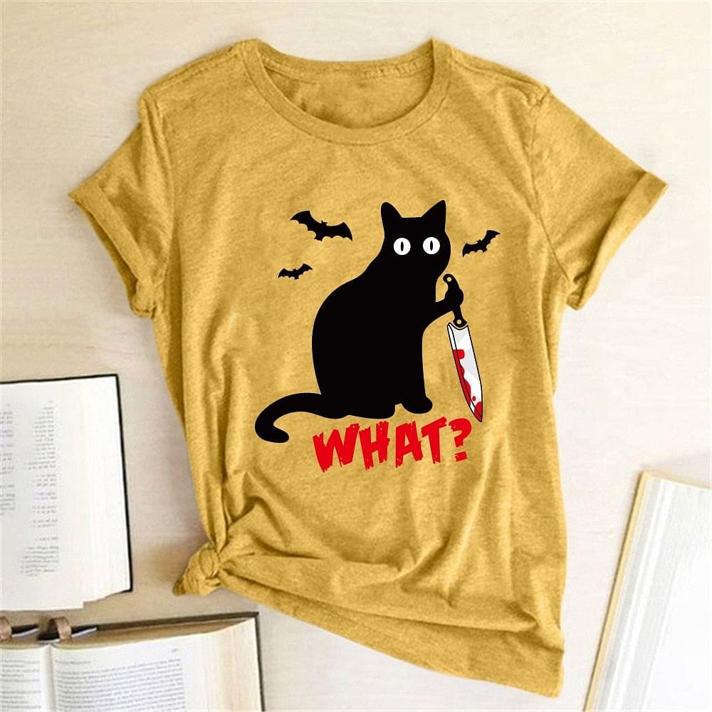 Black Cat What Tshirt Murderous Cat Knife Women Funny T Shirt Short Sleeve Halloween Tops Tees