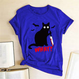 Black Cat What Tshirt Murderous Cat Knife Women Funny T Shirt Short Sleeve Halloween Tops Tees