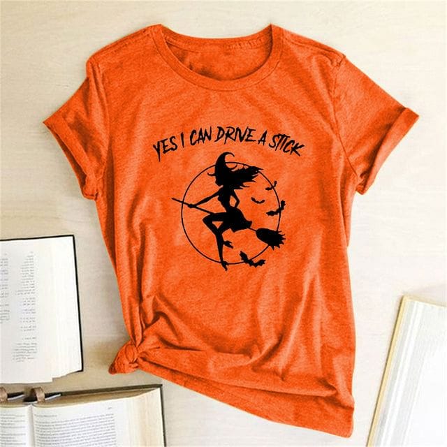 Yes I Can Drive A Stick Witch Bats Print Halloween T-shirts Women Summer Shirts for Women Loose Short Sleeve Harajuku Top Femme