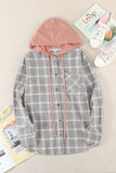 Plaid Drawstring Hooded Shirt Jacket