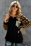 Leopard Contrast Sequin Pocketed Long Sleeve Top