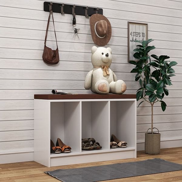 Shoe Bench with Cushion, 3-Cube Wooden Storage Box Organizer, for Shoes Books Toys Decorations, in Entryway Playroom Living Room