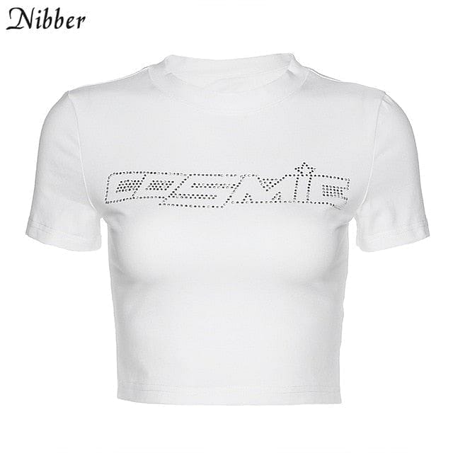 Nibber black Letter Rhinestone cotton T Shirts women summer Navel Bare Cropped Streetwear Fashion Top Tee Slim Fit Short T-shirt