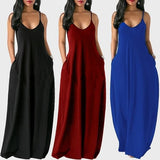 Women's Summer Long Dress Loose Sexy Spaghetti Straps Sleeveless Pockets Solid Color Maxi Dress Casual Plus Size Beach Dresses