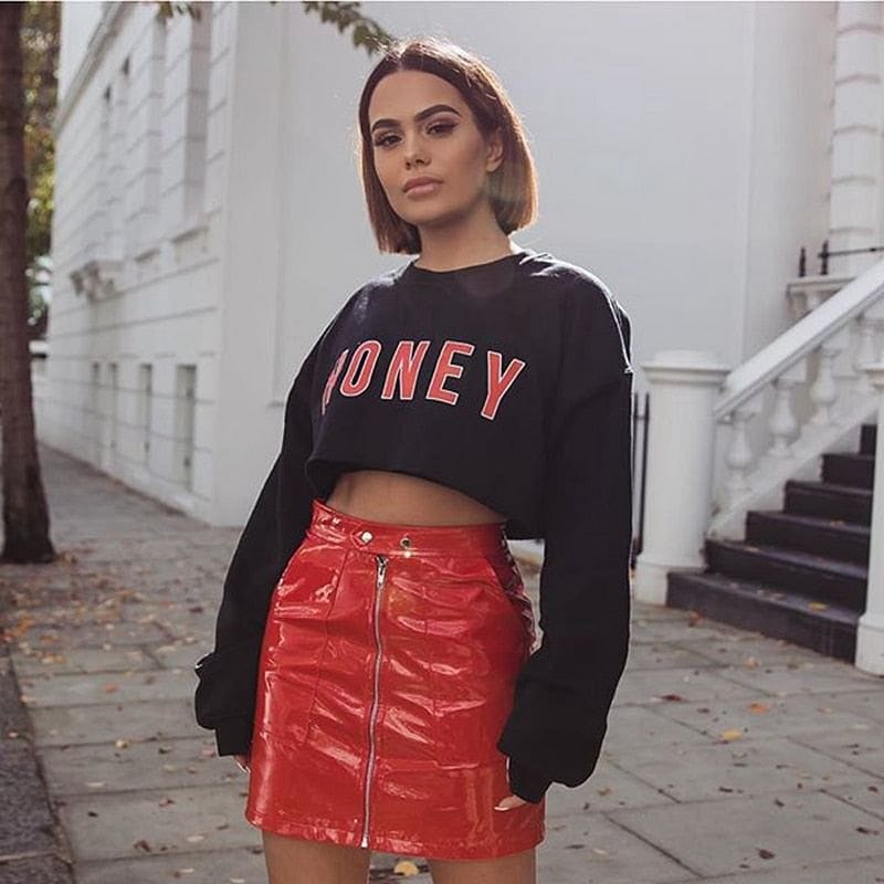 Fashion Black Long Sleeve Crop Top Women HONEY Letter Print Sexy Tee Ladies Autumn Pullover T Shirts Loose Hoodie Dropshipping