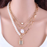 Fashion 2 Layers Pearls Geometric Pendants Necklaces For Women Gold Metal Snake Chain Necklace New Design Jewelry Gift
