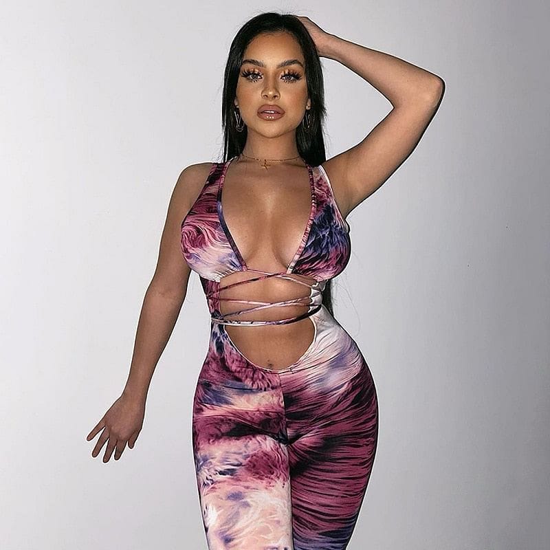 Tie Dyeing Print Jumpsuit Rompers 2020 Sexy Women Deep V-neck Hollow Long Pants Trousers Summer Sports Bodycon Jumpsuit Playsuit