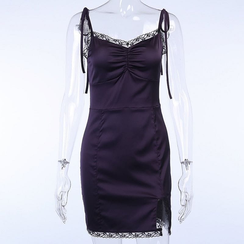 InsGoth Sexy Spaghetti Straps Bodycon Gothic Black Dress Women Streetwear Black Lace Up Mini Female Dress Casual Purple Dress
