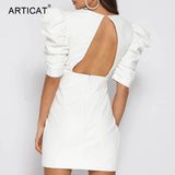 Articat White Deep V Neck Blazer Dress Women Puff Sleeve Backless Bodycon Winter Dress Elegant Christmas Party Dress Vestidos