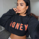 Fashion Black Long Sleeve Crop Top Women HONEY Letter Print Sexy Tee Ladies Autumn Pullover T Shirts Loose Hoodie Dropshipping