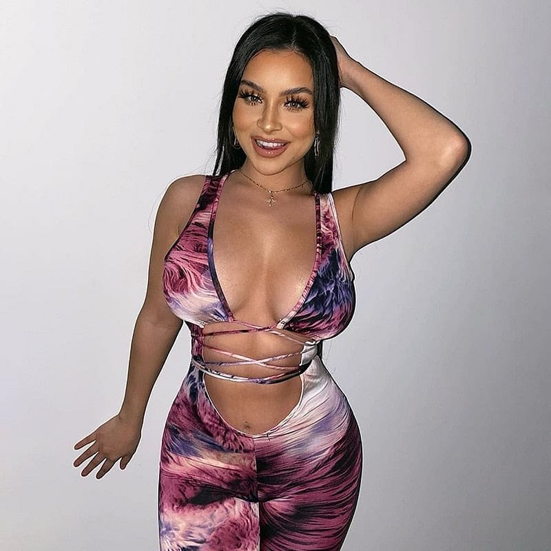 Tie Dyeing Print Jumpsuit Rompers 2020 Sexy Women Deep V-neck Hollow Long Pants Trousers Summer Sports Bodycon Jumpsuit Playsuit