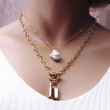 Fashion 2 Layers Pearls Geometric Pendants Necklaces For Women Gold Metal Snake Chain Necklace New Design Jewelry Gift