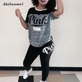 Pink Printing Women'S Outfits Short Sleeve T-Shirts And Long Pants 2 Piece Set Fitness Plus Size XXXL Women'S Summer Tracksuit