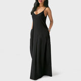 Women's Summer Long Dress Loose Sexy Spaghetti Straps Sleeveless Pockets Solid Color Maxi Dress Casual Plus Size Beach Dresses