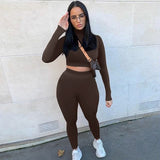 Two Piece Sets Women Solid Autumn Tracksuits High Waist Stretchy Sportswear Hot Crop Tops And Leggings Matching Outfits - Jafsale.com