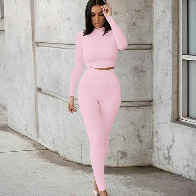 Two Piece Sets Women Solid Autumn Tracksuits High Waist Stretchy Sportswear Hot Crop Tops And Leggings Matching Outfits - Jafsale.com