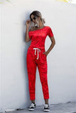 Fashion Women Summer Solid Color Jumpsuits Drawstring Design Pockets Decor Oblique Collar Short Sleeve Mid Waist Slim Jumpsuits - Jafsale.com
