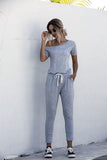 Fashion Women Summer Solid Color Jumpsuits Drawstring Design Pockets Decor Oblique Collar Short Sleeve Mid Waist Slim Jumpsuits - Jafsale.com