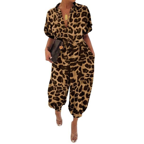 Women Short Sleeve Leopard Print Button Loose Jumpsuit Rompers